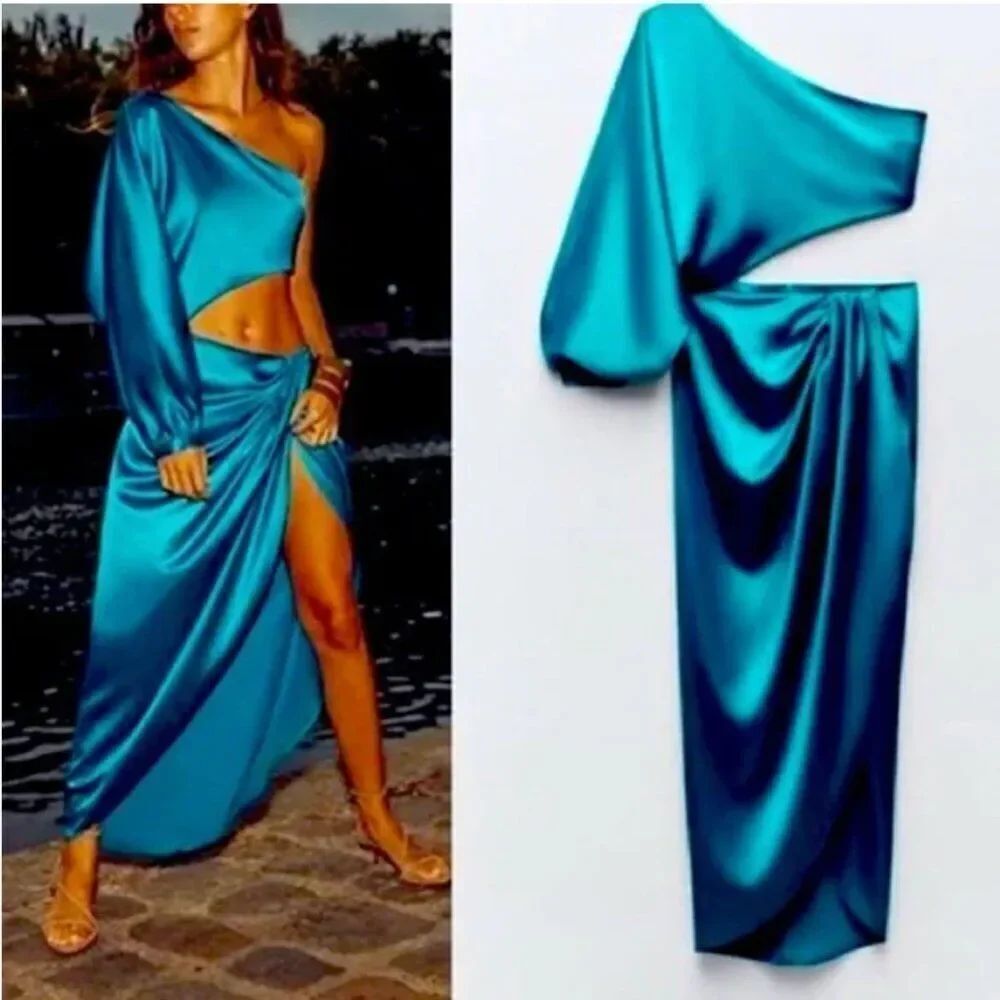 Zara Women Midi Dress Satin effect Cut out S Blue Asymmetric sleeve 8159/899 NWT